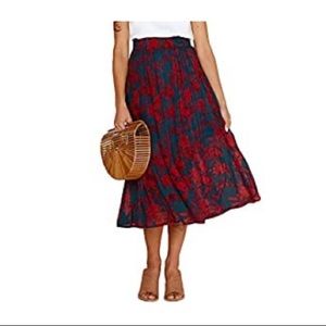 Pleated floral navy and red midi skirt